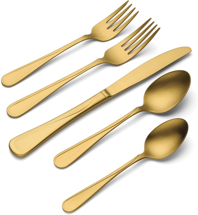 Oneida Gold Silverware Set, Flight Gold Satin 20 Piece Flatware Set, Service For 4, 18/0 Stainless Steel, Dishwasher Safe, Flatware Cutlery Sets, Utensils, Knives Spoons and Forks (Golden, 20 Pieces)