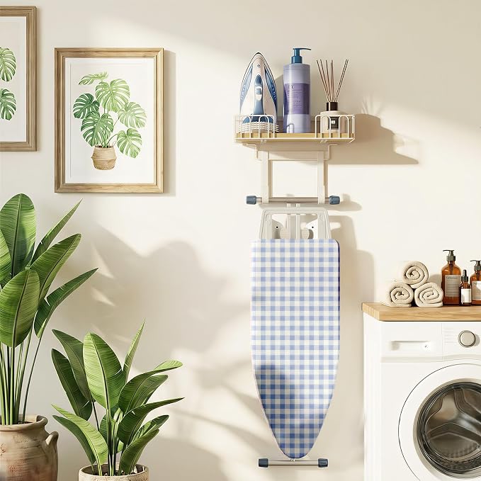TJ.MOREE Ironing Board Hanger Metal Wall Mount Iron and Ironing Board Holder, Laundry Room Decor and Storage with Large Storage White