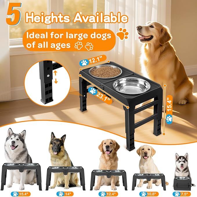 Elevated Dog Bowls for Large Dogs 5 Adjustable Heights 7.5"-15.4", 2 X-Large 10” Stainless Steel Bowls, Heavy Duty Raised Dog Bowl Stand Foldable Pet Feeder for Dogs Shoulder Height Over 15”, Black