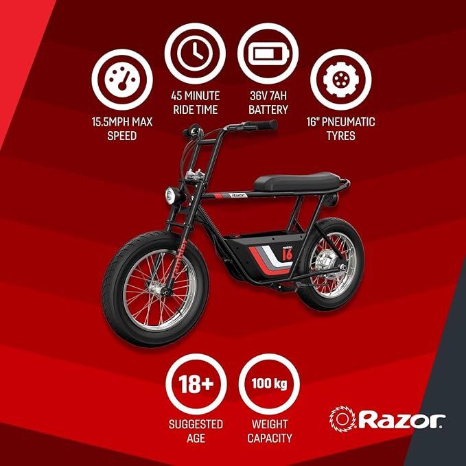 Razor Rambler 16 – 36V Electric Minibike with Retro Style, Up to 15.5 MPH, Up to 11.5 Miles Range, Wide, Rugged 16" Air-Filled Tires, Powerful 350 Watt Hub-Driven Motor | 140 lb Max Weight – 24V Battery, Up to 14 Mph, 30-Min Ride Time, Twist-Grip Throt...