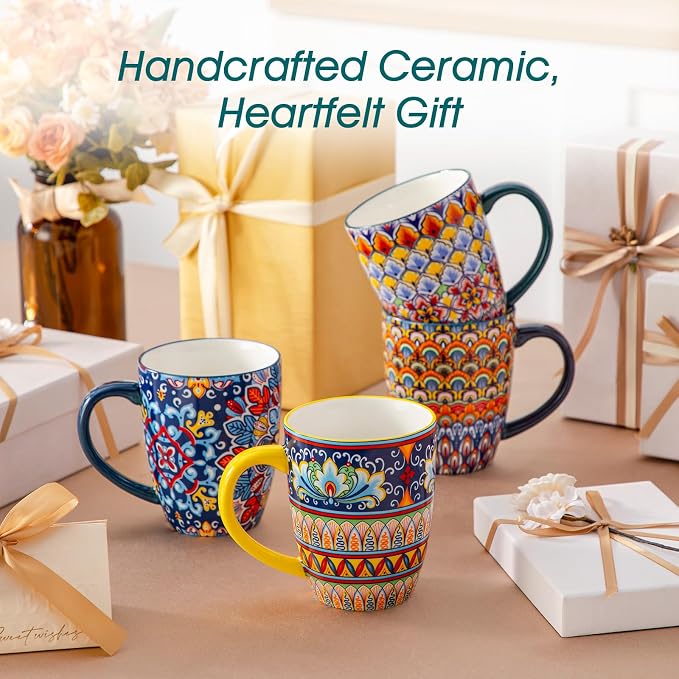 vancasso SIMI 16 oz Large Coffee Mugs Set of 6 – Bohemian Ceramic Cups with Handle, Perfect for Latte, Tea, Hot Chocolate, Dishwasher & Microwave Safe Ideal Gift