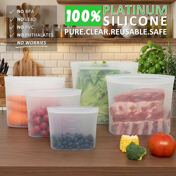 Premium Silicone Reusable Food Bags, Family Storage Set, 10 Pack, 100% Platinum Silicone Food Storage Bag Stand-Up Wide-Mouth Zip-Lock, Microwave Dishwasher Safe, 2XL/2L/2M/2S/2XS, Crystal-Clear