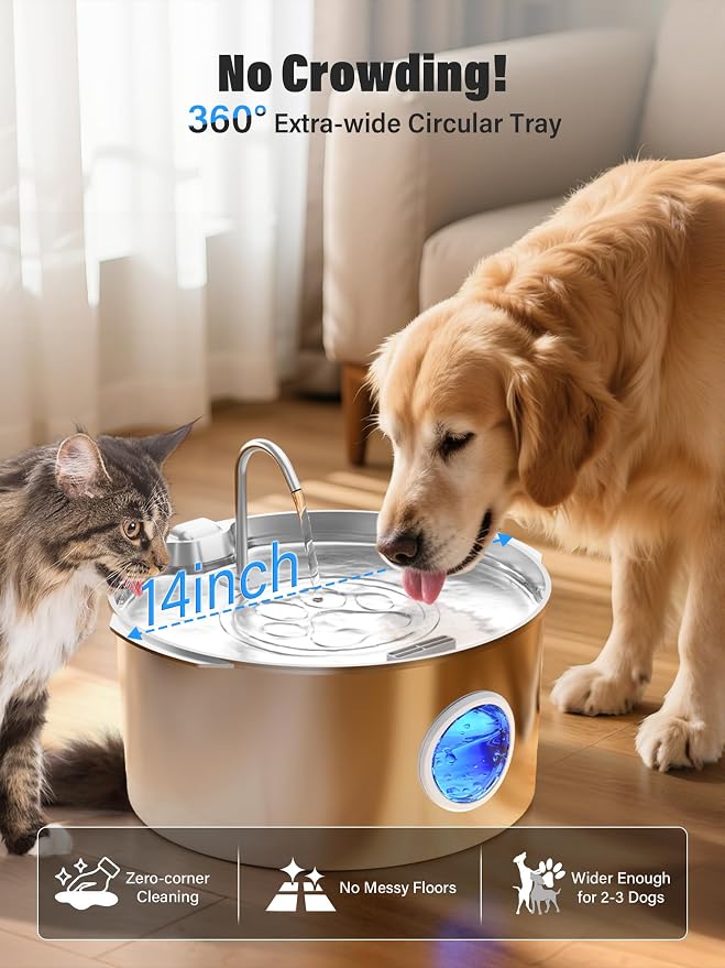 3.4Gal Dog Water Fountain for Large Dogs, Extra Large Stainless Steel Pet Water Fountain, Round Dog Water Bowl Dispenser with Metal Handle, Water Level Window for Multi Pet Home