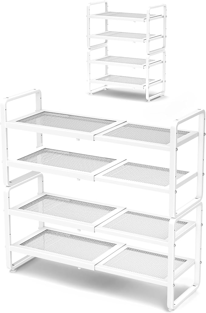 SNTD Shoe Rack - Expandable Shoe Organizer for Closet, Adjustable Metal Shoe Shelf Storage, Stackable Long Shoe Stand Holder for Garage, Entryway, Door Entrance (White, 4-Tier)