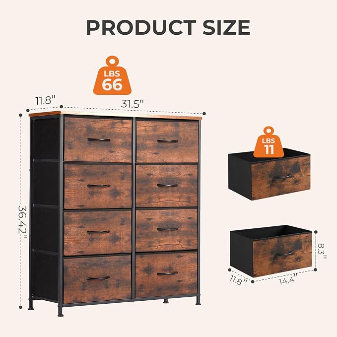 Sweetcrispy Dresser for Bedroom with 8 Drawers, Large Storage Tower | Fabric Chest of Drawers with Metal Frame Wooden Top for Closet, Living Room, Entryway, Tank
