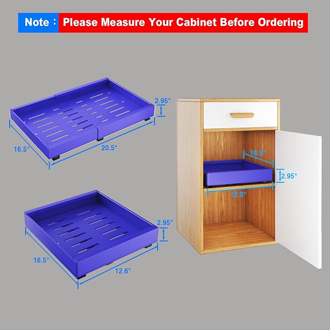 Mustorn 2 Pack Pull Out Cabinet Organizer, Expandable Slide Out Drawers for Kitchen Cabinets Peel and Stick Pullout Drawer Heavy Duty Sliding Shelves for Cupboard, Pantry, Bathroom(16.5" Deep, Blue)