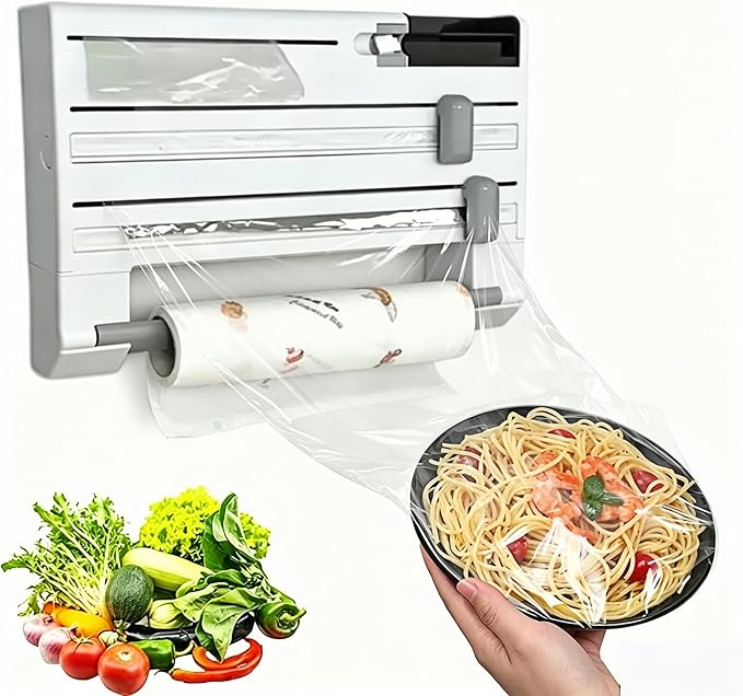 6-in-1 Wall Mounted Plastic Wrap&Foil Dispenser with Cutter–PP Kitchen Organizer w/Paper Towel, Tape, Bag&Small Tray, No Drill/Screw Mount White-Aluminum Foil Rack Organizer&Organizer Foil Cling Wrap