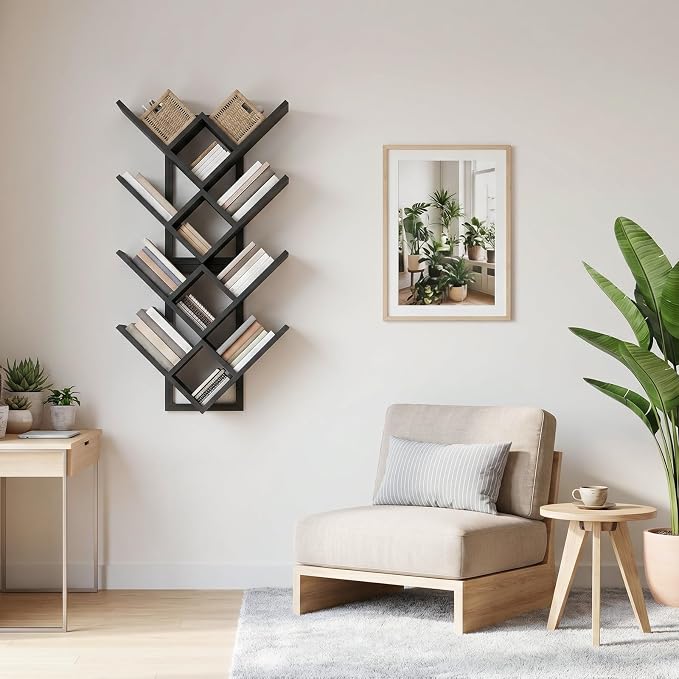 HOOBRO Floating Shelves for Wall, Set of 2 Wall Mounted Shelves, 2-Tier Wooden Tree Bookshelf, Hanging Shelves Storage Rack, for Living Room, Kitchen, Office, Black BB54BJP201