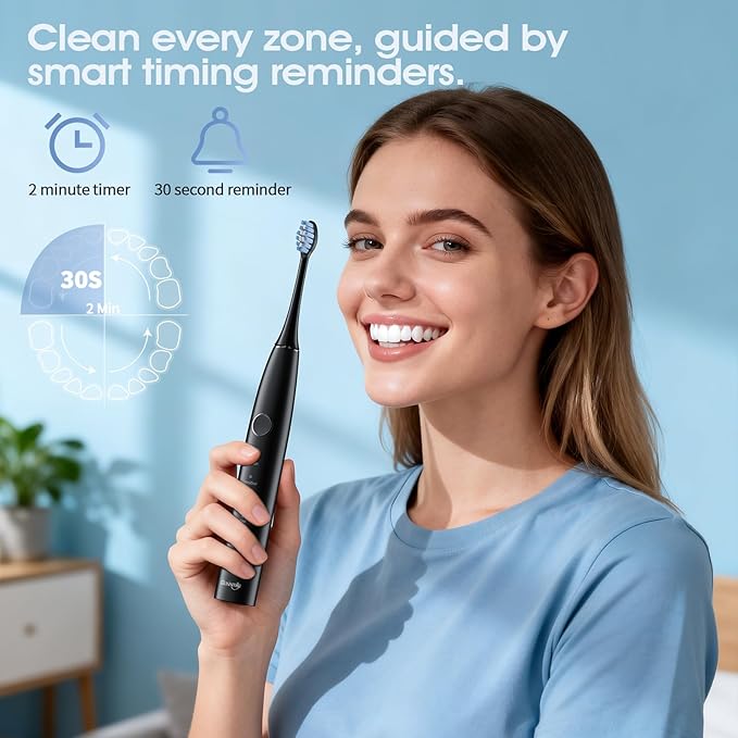 OasiSmile Sonic Electric Toothbrush, 42000 VPM Toothbrush with 6 Brush Heads & Travel Case, 5 Modes with 2 Minutes Built in Smart Timer, Wireless Charging, 100-Day Battery Life for Home Travel
