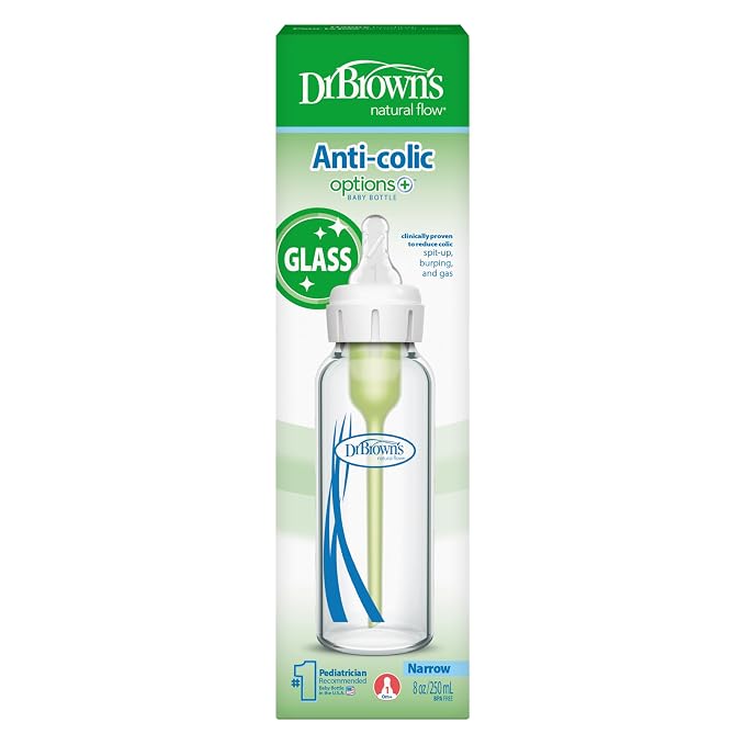 Dr. Brown's Anti-Colic Options+ Narrow Glass Baby Bottle with Level 1 Slow Flow Nipple, BPA-Free, 8 oz/250 mL, 0m+, 1-Pack (Packaging May Vary)