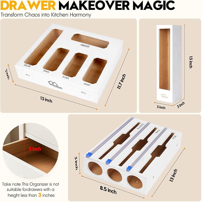 9 in 1 Foil and Plastic Wrap Dispenser with Cutter, White Bamboo Ziplock Bag Organizer for Drawer - Holds Gallon, Quart Bags & Aluminum Foil/Wax Paper, Wall Mountable Kitchen Storage
