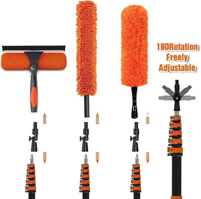 26FT Reach Duster Kit, Window Cleaning with 5-20FT Telescoping Extension Pole, High Ceiling Duster, Microfiber Feather Duster, Cobweb Duster, Window Squeegee, Feather Duster, Extendable Pole Kit