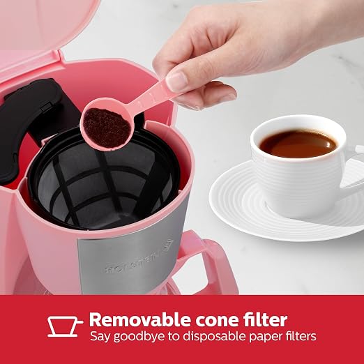 Holstein Housewares 5 Cup Drip Coffee Maker – Compact and User-Friendly with Auto Pause & Serve, Reusable Filter, Measuring Spoon & Glass Carafe, Office & Dorm Use, Pink