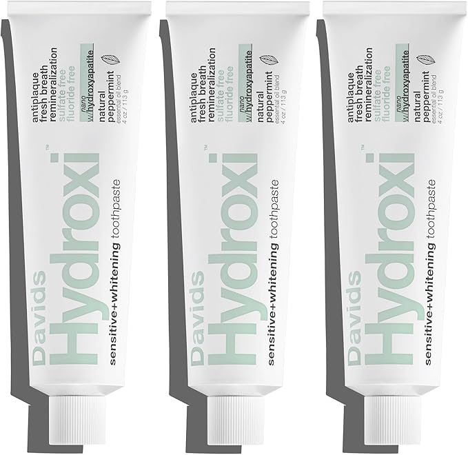 Davids Nano Hydroxyapatite Sensitive Whitening Peppermint 4oz (3 Pack) | Fluoride Free, Remineralizing, Antiplaque Protection, SLS Free, Made in USA, Davids Hydroxi