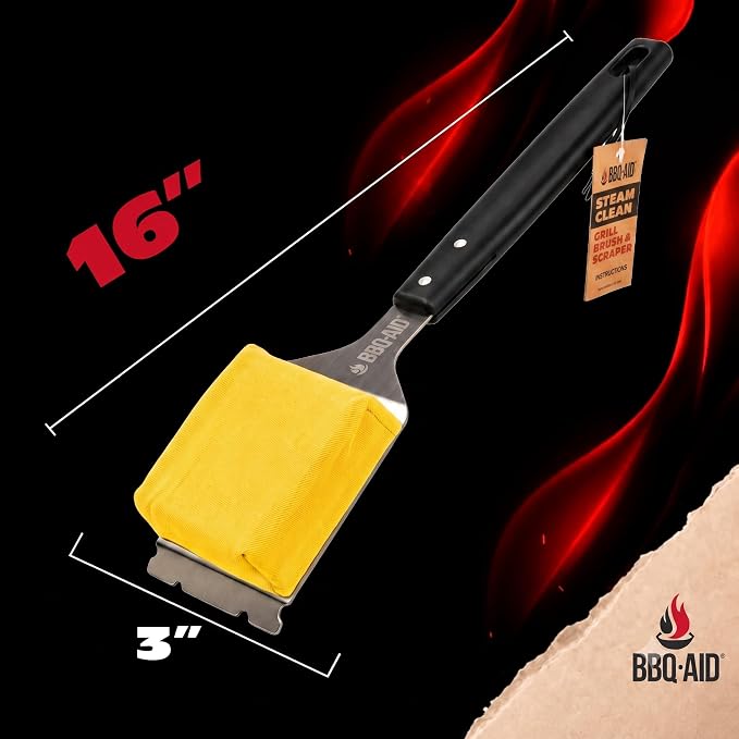 Bristle Free Steam Grill Brush and Scraper for Outdoor Grill, Black | 100% replaceable steam scrub pad, built-in scraper, grill cleaner; no shedding, safe for all grill grates
