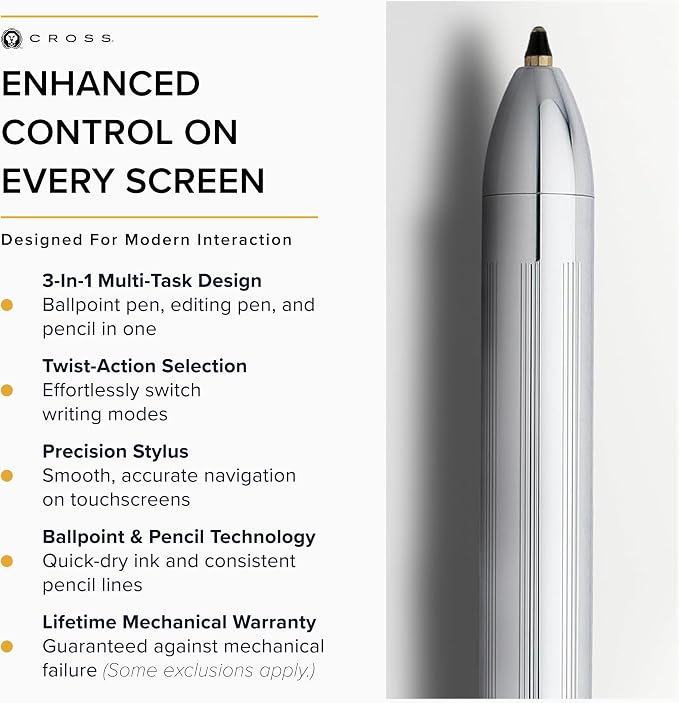 Cross Tech3+ Lustrous Chrome Multifunction Pen - Multifunctional Pen & Pencil for Versatile Use - Multiple Writing Tips - 2-Way Rotation Mechanism - Built-in Stylus - Corporate Gifts - Black Ink