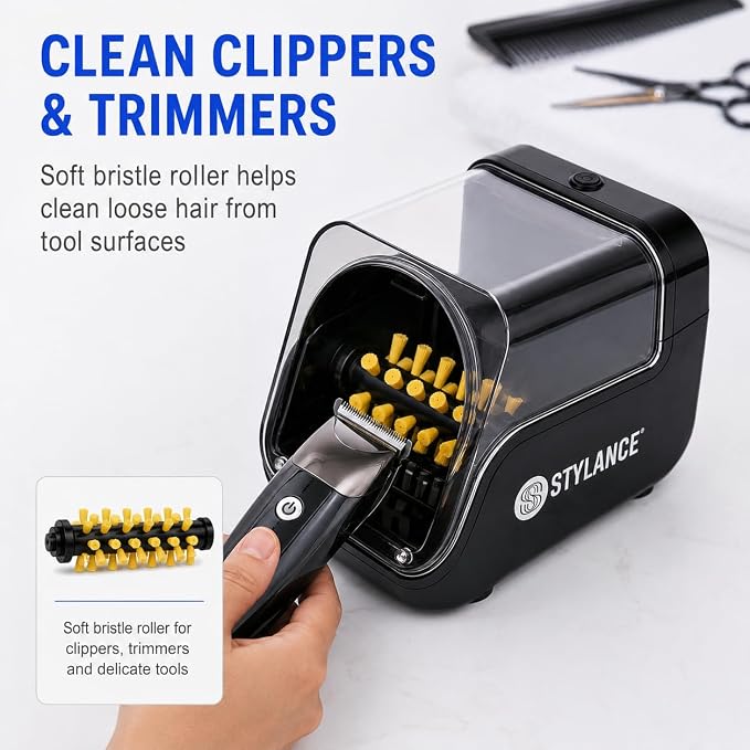 Mini Electric Hair Brush Cleaner for Barbers, Automatic Brush Cleaning Machine with Soft and Hard Bristle Rollers for Hair Brushes, Round Brushes, Clippers, Salon Tools and Home Use