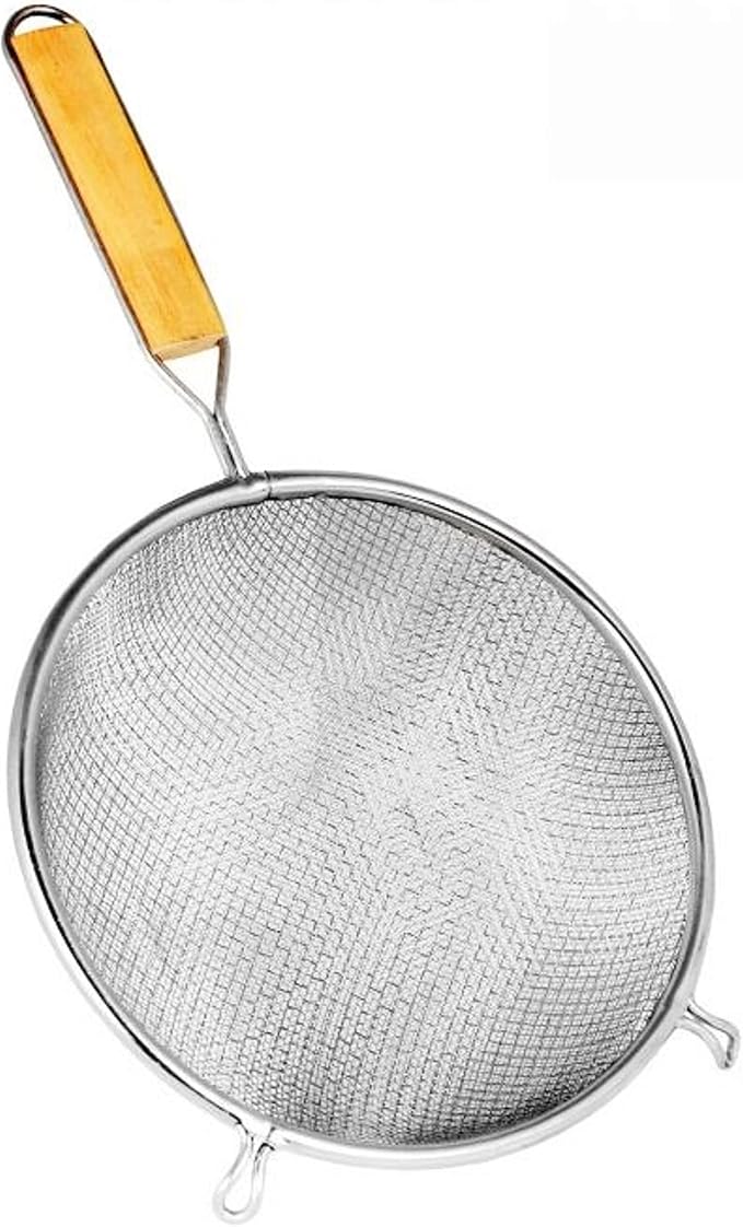 TrueCraftware- 8-Inch Double Fine Mesh Strainer Stainless Steel with 6-1/2" Handle Length Wooden Handle- Kitchen Utensil Food Strainer Skimmer Spoon for Cooking Sieve Sifters Pasta Fruits Vegetable