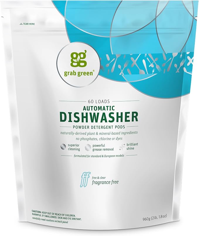 Grab Green Dishwasher Pods, 60 Count, Unscented, Plant & Mineral Based | Fragrance free; Plant & mineral based; Enzyme-powered; Velcro Closure; No Harsh Chemicals; Removes Grease and Stuck on Food