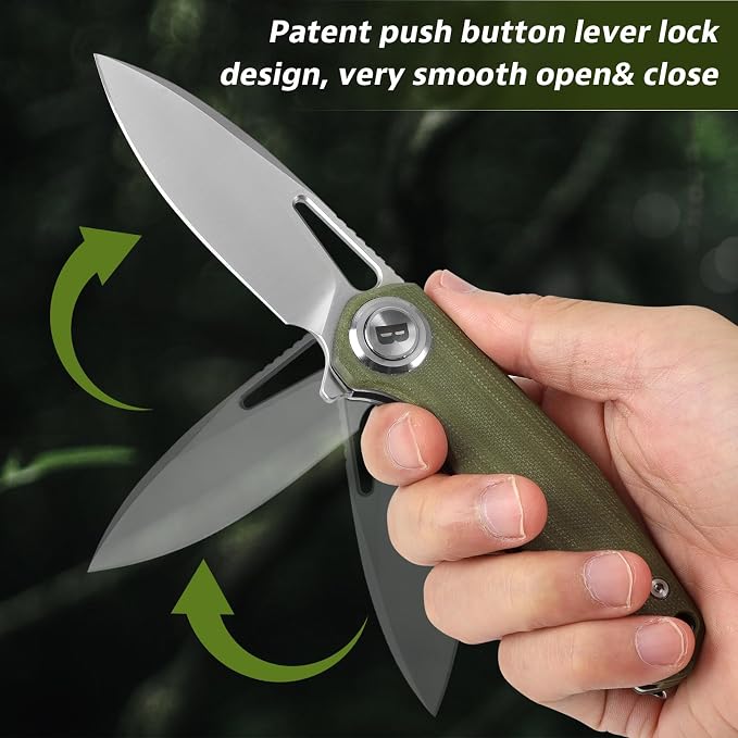 Pocket Folding Knife,3.15" D2 Steel Blade,Green G10 Handle,Push Button Lever Lock,Pocket Knife with Pocket Clip for Outdoor,Survival,EDC
