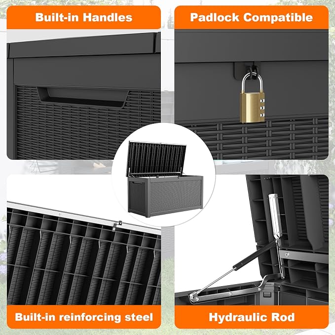 DRATO 320 Gallon Deck Boxes Outdoor Waterproof, Lockable Outdoor Storage Box for Patio Furniture Pool Supplies Garden Tools, Weatherproof Resin Storage Box for Backyard (Black, 320 Gallon)