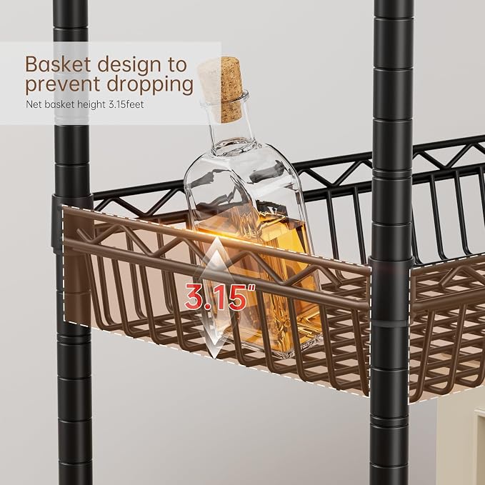Golpart 6 Shelves Storage Shelf Wire Closet Bathroom Organizers Metal Pantry Kitchen Garage Shelving Unit Laundry Room Organization Home Rack Net Basket Black with Wheels 30" Dx14 Wx65 H