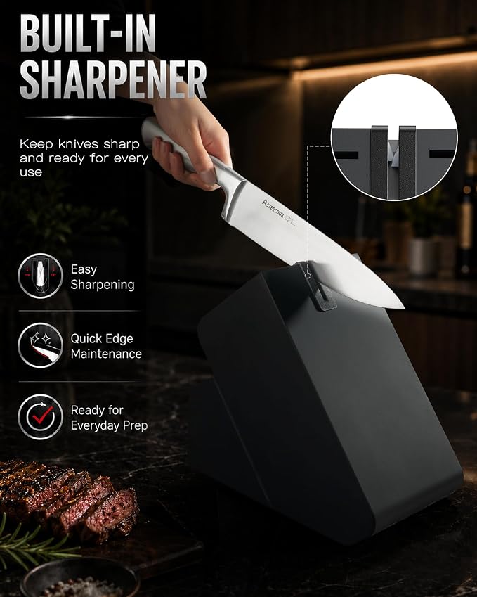 Astercook Knife Set, 15 Piece German Steel Kitchen Knife Set with Built-in Sharpener, One-Piece Knife Block Set Rust-Resistant Dishwasher Safe Block Knives Set for Cooking & Gift (Midnight Black) | Wooden Block with Built-in Sharpener, One-Piece Design...
