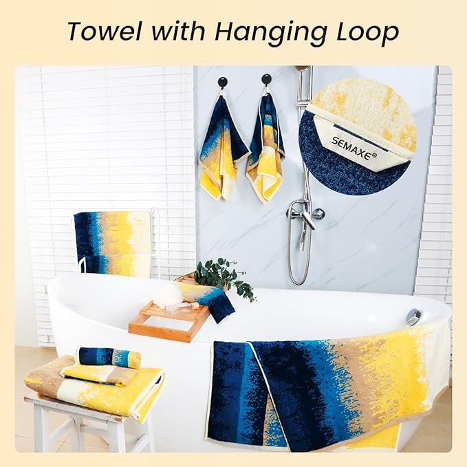 SEMAXE Bath Towel Set, 18 Piece Towel Set for Bathroom, Large Value Pack, Quick Dry Cotton Towels with Hanging Loops, Easy Care, Coastal Ombre