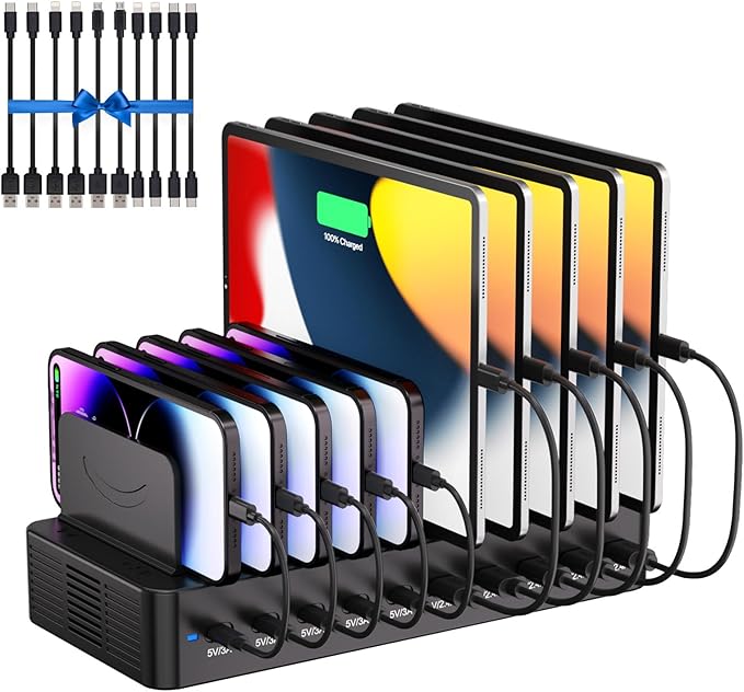 100W Charging Station for Multiple Devices, 10-Port USB Fast Charging Station with Adjustable Dividers & 10 Cables- Multi Device Organizer Charging Dock for iPhone, iPad, Tablets & More(Black)