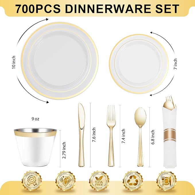 BESTVIP 700PCS Clear Gold Plastic Dinnerware Set for 100 Guests, Disposable Party Plate for Christmas and New Year, Include: 200 Plastic Plates, 100 Pre Rolled Napkins with Silverware, 100 Cups