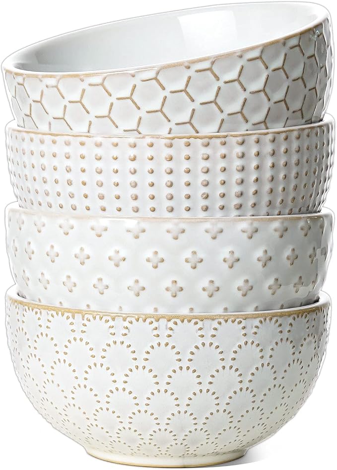 LE TAUCI Cereal bowls 26 oz, Ceramic Soup Bowl for Kitchen, Embossment Stoneware Bowl for Pho, Chip, Fruits, Salad, Noodle, Ramen, Suit For Housewarming - 6 Inch, Set of 4, Arctic white
