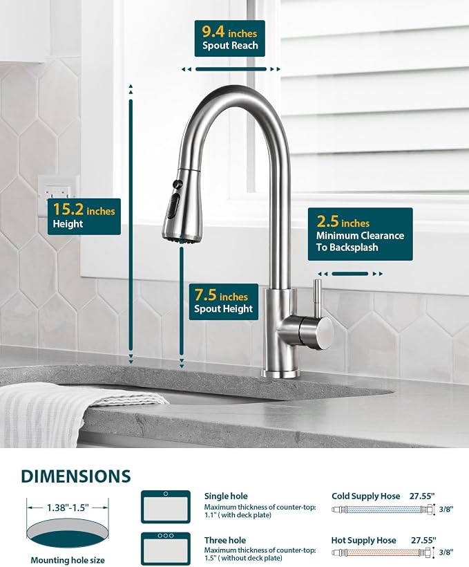 Hiqufet Kitchen Faucet, Pull Down Sprayer, Brushed Nickel | Easy Install, 360 Swivel, 3 Spray Modes, SUS304 Stainless Steel, Fits RV/Laundry/Bar Sinks, High Arc Touchless, Lead-Free