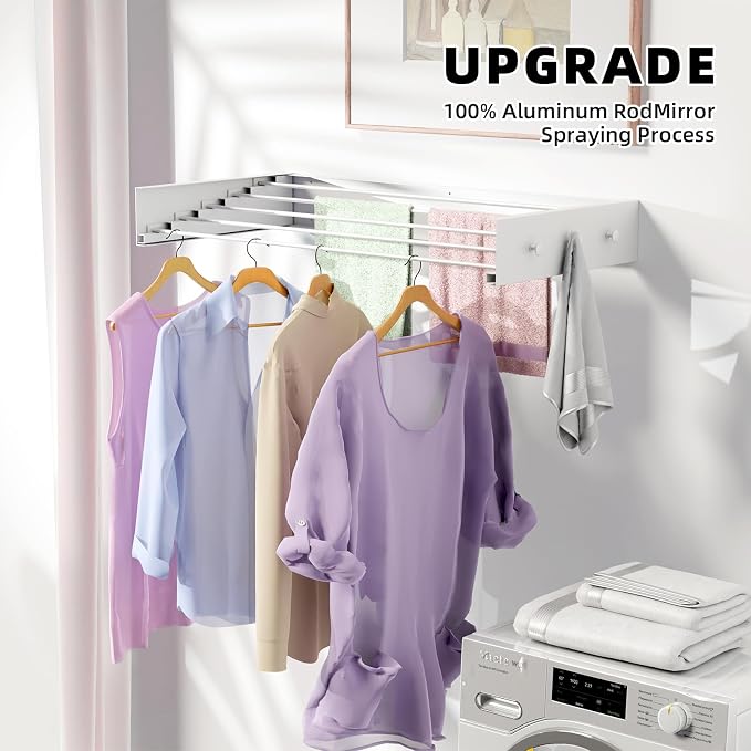 ZMBESUP Upgrade Wall Mounted Drying Rack with 6 Hooks, 31.5" Foldable Laundry Rack, 5 Rods & Hooks Space Saver for Bathroom, Collapsible Clothing Rack with Template for Indoor Outdoor (White)