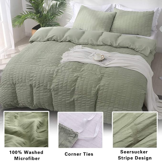 AveLom Sage Green Duvet Cover Queen Size, Textured Seersucker Duvet Cover Set, Soft Washed Microfiber with Zipper Closure and Corner Ties, 3 Pieces, 90" x 90" Duvet Cover & 2 Pillowcases