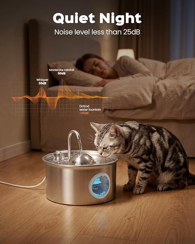 Stainless Steel Cat Water Fountain: Cat Fountain with with 6 Filters + 3 Sponges - 88oz/2.6L Slient Pet Water Fountains for Cats Indoor - DCTROD Kitten Fountains - Gifts for Cats Dogs Small Animals
