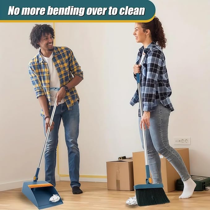 Broom and Dustpan Set, Long Handle Standing Broom with Self-Cleaning Comb Teeth, Heavy Duty Broom Dustpan Combo for Home Kitchen Office Floor Pet Hair Cleaning (Blue)