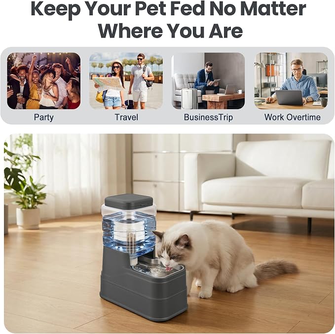 Automatic Cat Water Dispenser Gravity Stainless Steel Water Feeder Dog Waterer Feeder with Wide Mouth Bowl for Small Medium Dog Puppy Kitten (Filter &Ice Pack Included) 1Gallon Gray