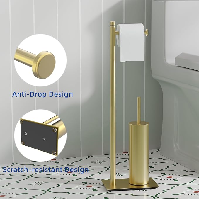 RUACQ Toilet Paper Holder Stand with Toilet Brush and Holder Set, 304 Stainless Steel Bathroom Toilet Tissue Paper Roll Holder Free Standing, Weighted Base, Heavy Duty (Brushed Gold)
