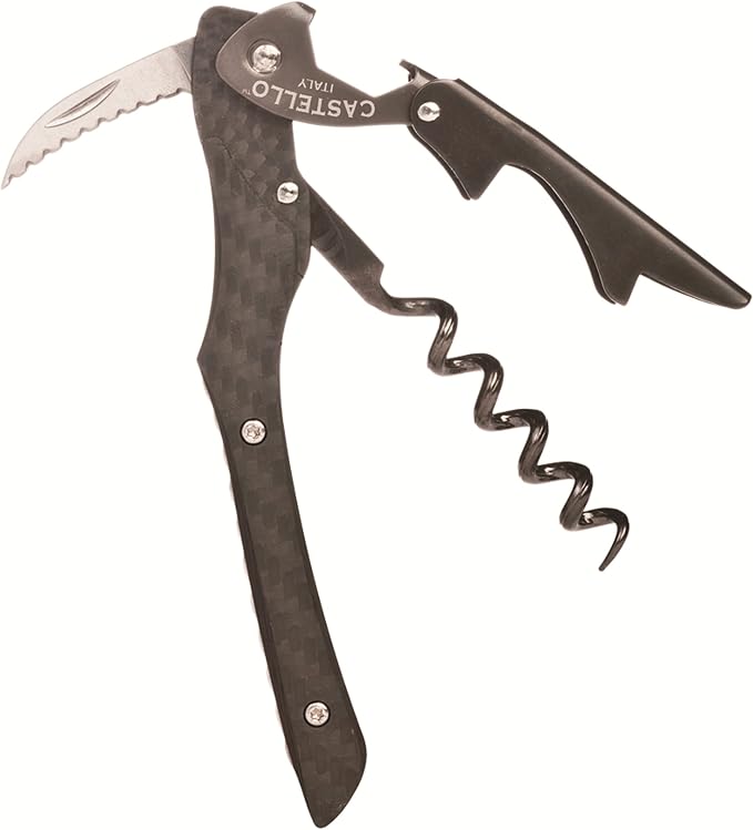 Castello Carbon Fiber Waiter's Corkscrew with Leather Pouch in Wood Box
