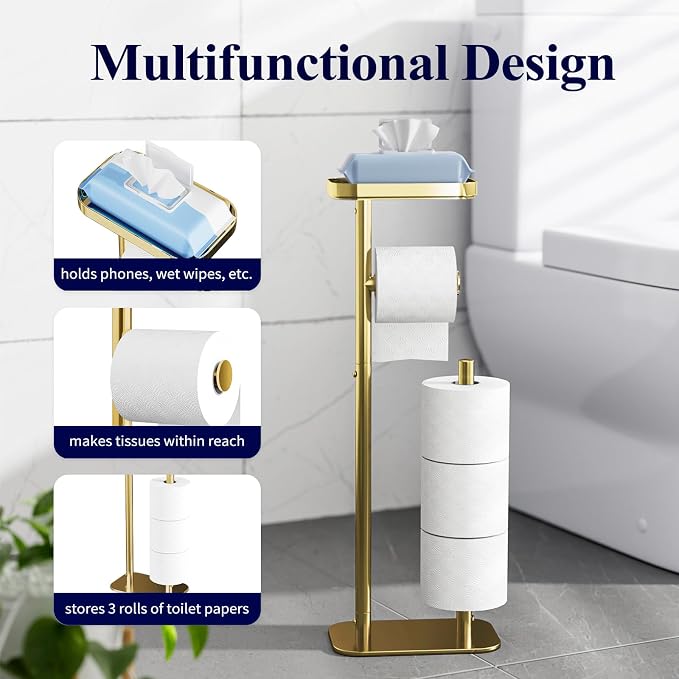 Kitsure Toilet Paper Holder Free Standing – Rustproof Metal Toilet Paper Stand for 4 Rolls with Anti-Slip Base and Shelf for Phone & Small Items, Bathroom Organizers and Storage, Medium, Chrome Gold