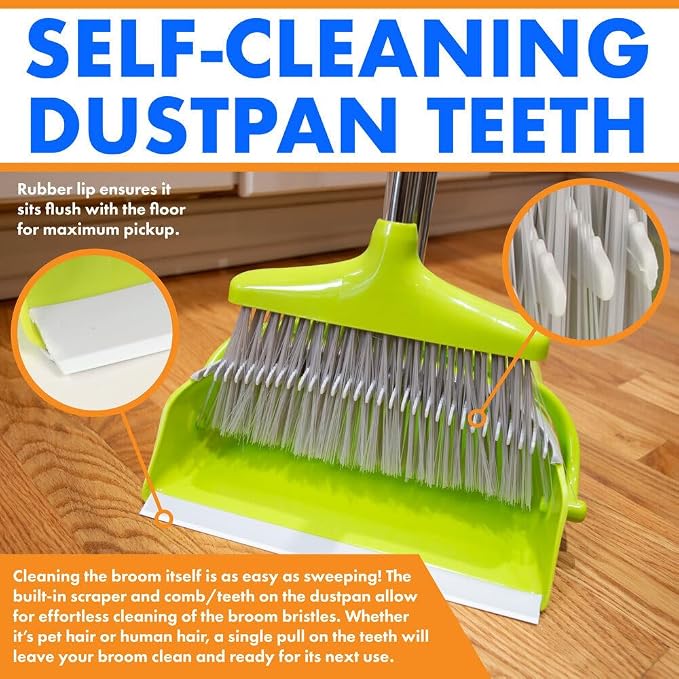 Hub City Industry Heavy Duty Broom and Dustpan Combo Set with Commercial Long Handle for Lobby, Home, Office, Cleaning Supplies, Upright Grips Sweep Set with Broom for Floor Cleaning, Green