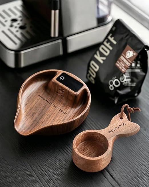 Walnut Coffee Bean Scale & Spoon - Easy Measuring/Dosing Scale Cup with LED Display for Kitchen Weighing, Espresso, Tea, Coffee Lover Gifts