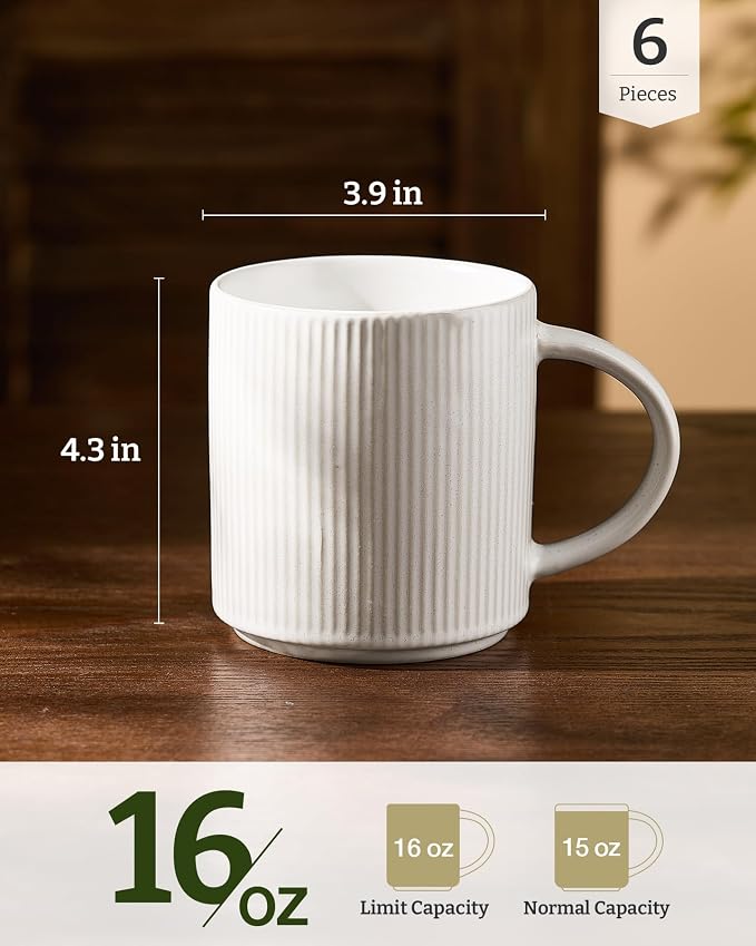 famiware Coffee Mug Set for 6, Star 16 oz Catering Mugs Cup Set with Handle for Coffee, Tea, Cocoa, Milk - Ceramic Stoneware Drinkware Set, Matte White + Matte Black