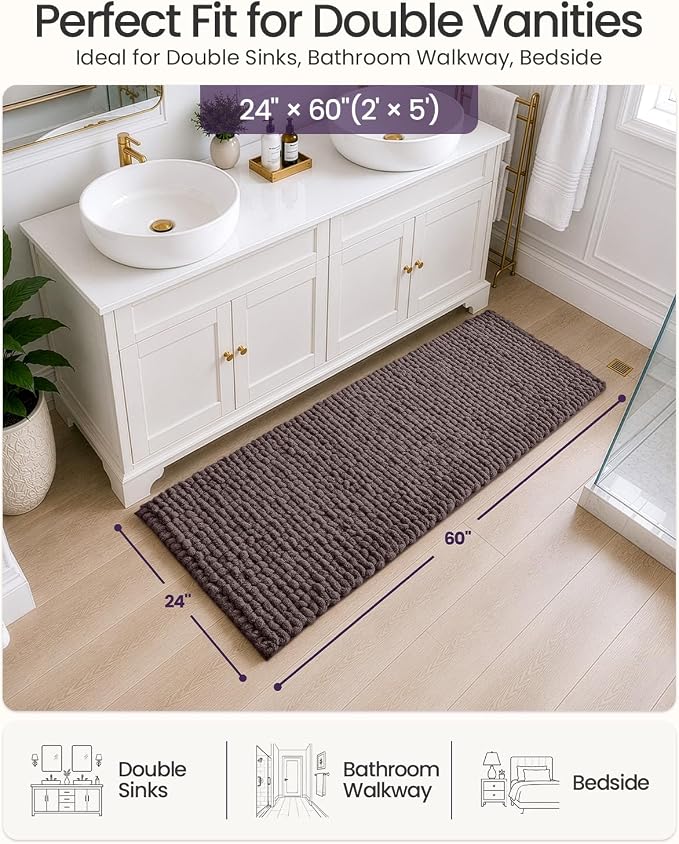 DEXI Bathroom Runner Rugs 60x24, Non Slip Washable Long Bath Mat, Luxury Chenille Super Absorbent Ultra Thick Bathmats for Shower Floor, Plush Fluffy Shaggy Carpet for Tub, Purplish Grey