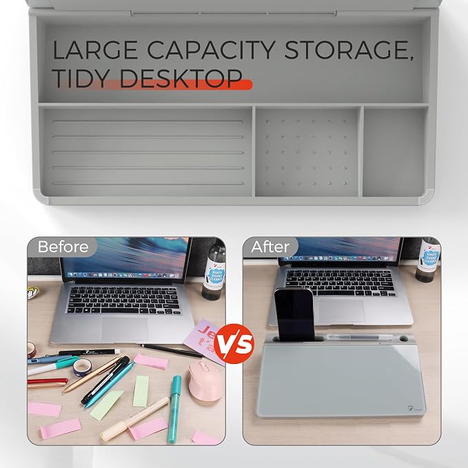 Small Compact Glass Desktop Whiteboard with Storage – 12 x 7 in Dry Erase Board for Desk, Home Office, School | Includes 5 Markers, Eraser & Holder | Space-Saving Organizer, Stone Gray