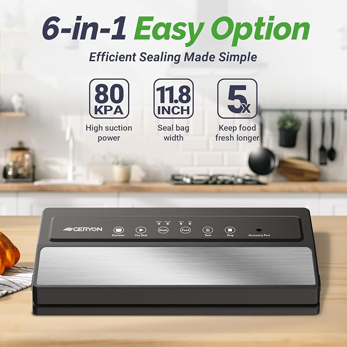 GERYON Vacuum Sealer, Vacuum Sealer Machine for Food Storage with Sealer Bags & Roll, Automatic Food Sealer for Sous Vide, Compact Design, LED Lights, Easy to Clean, Dry & Moist Modes (Grey)