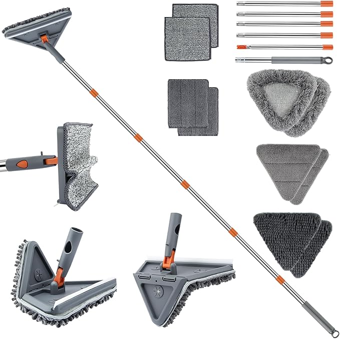 UIMO Wall Cleaner Mop with 94" Long Handle, Triangle Head Scrubber | 2-in-1 Triangle & Rectangle Head with Squeegee, 10 Washable Pads for Walls, Ceilings, Windows, Glass and Hard-to-Reach Areas