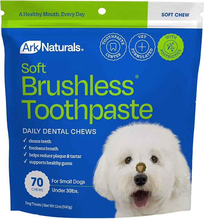 Ark Naturals Soft Brushless Toothpaste Dental Chews - Small Breeds (70 ct) | Vet Formulated Soft-Baked Dog Dental Chew with Toothpaste Center – Freshens Breath, Reduces Plaque & Tartar