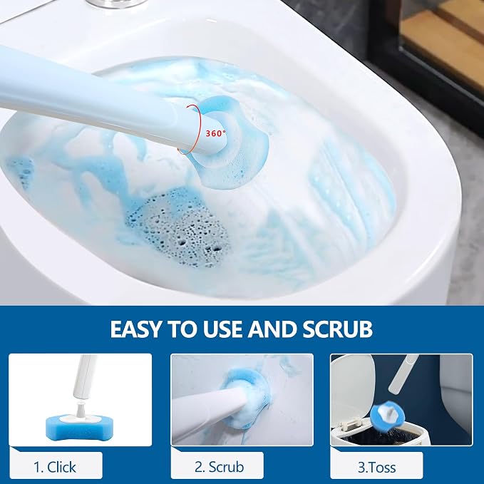 Disposable Toilet Brush, Toilet Bowl Cleaner Wand Kit with 112 Refills | Wall-mounted Toilet Scrubber Kit-16.81" ABS Handle Holder, 112 Sponge Brush Heads for House, Apartment, RV Bathroom Cleaning
