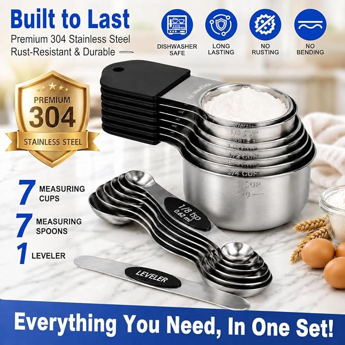 Magnetic Measuring Cups and Spoons Set, Strong N52 Magnets, Heavy Duty 304 Stainless Steel Fits in Spice Jars for Baking & Cooking, BPA Free, Round Set of 15 with Leveler Black
